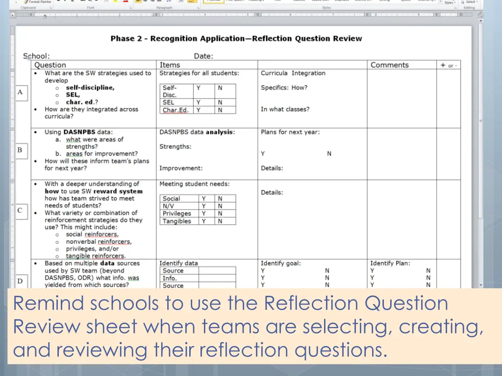 remind schools to use the reflection question