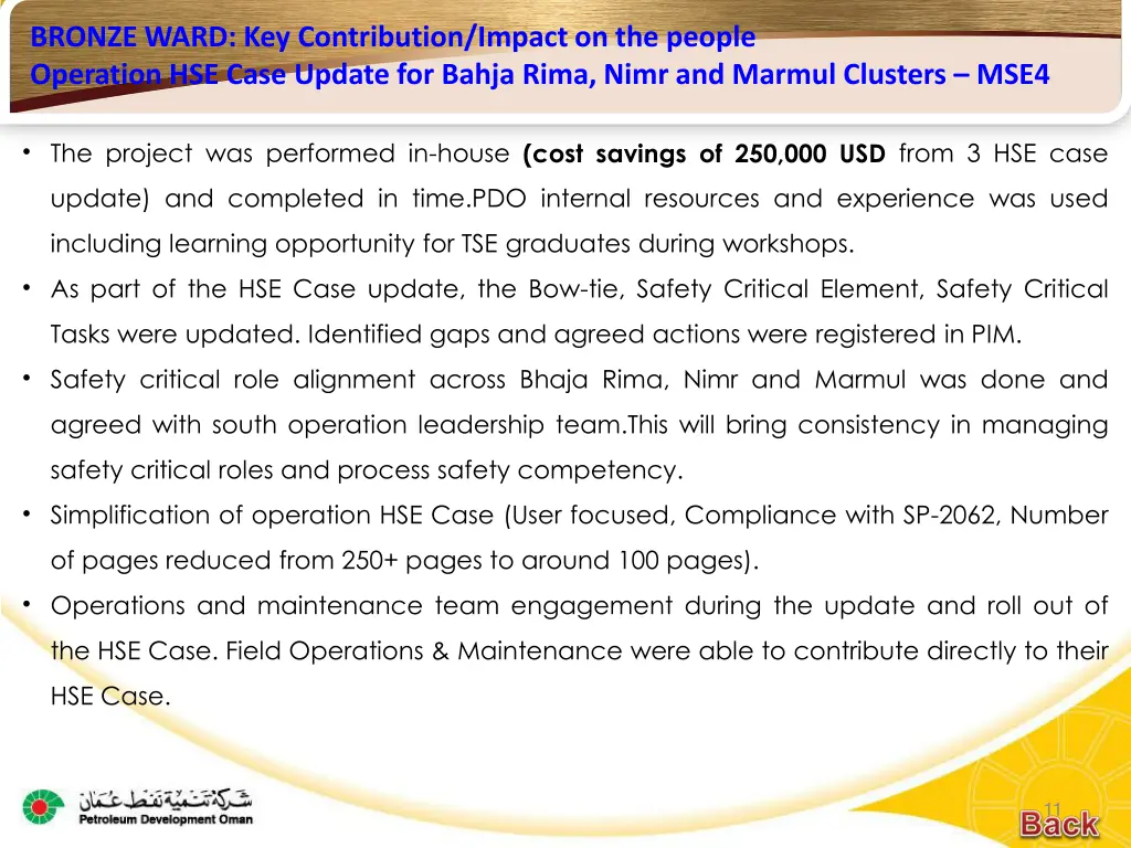 bronze ward key contribution impact on the people