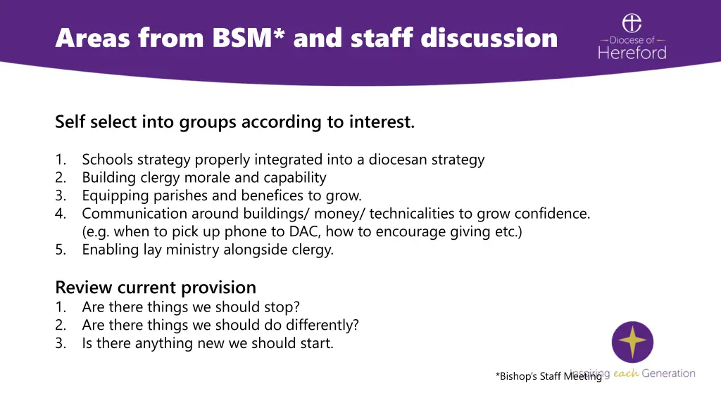 areas from bsm and staff discussion