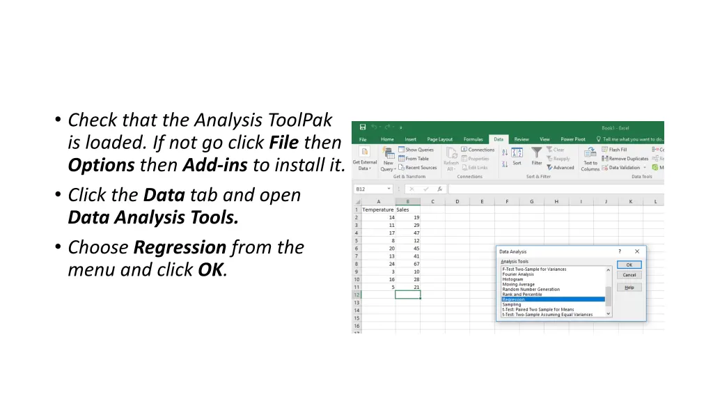 check that the analysis toolpak is loaded