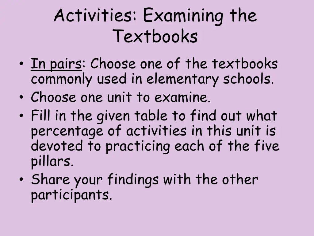activities examining the textbooks in pairs