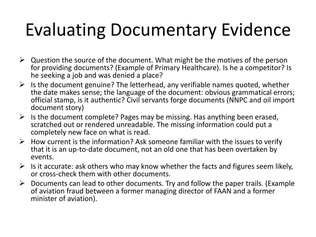 evaluating documentary evidence