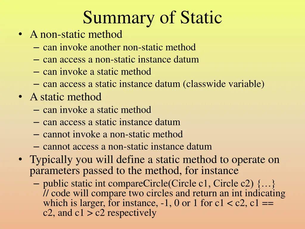 summary of static a non static method can invoke