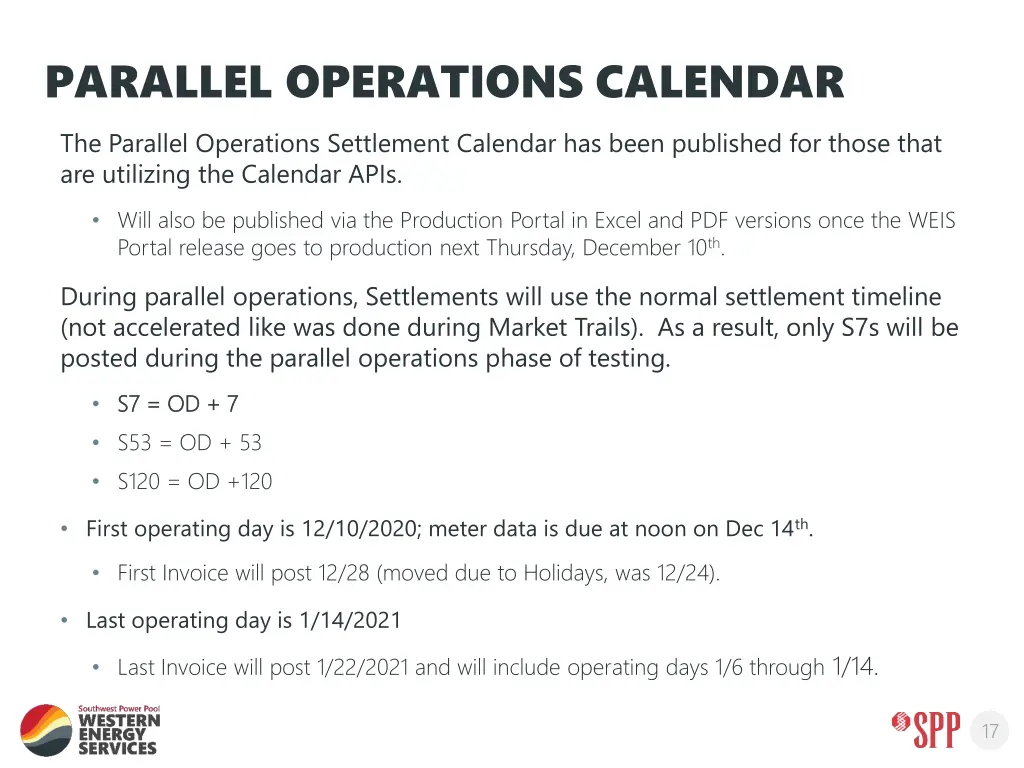parallel operations calendar