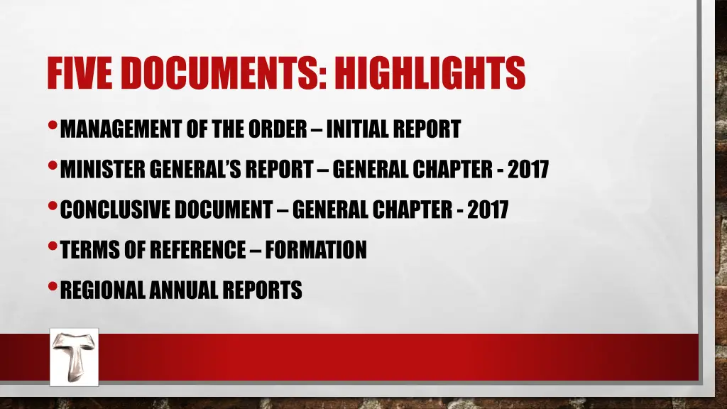 five documents highlights management of the order