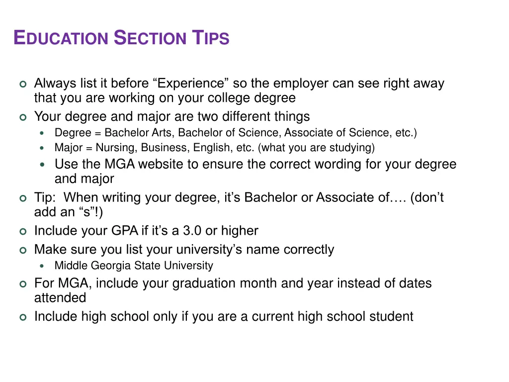 e ducation s ection t ips