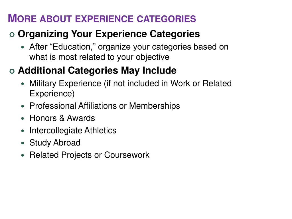 m ore about experience categories organizing your
