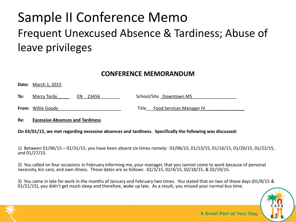 sample ii conference memo frequent unexcused