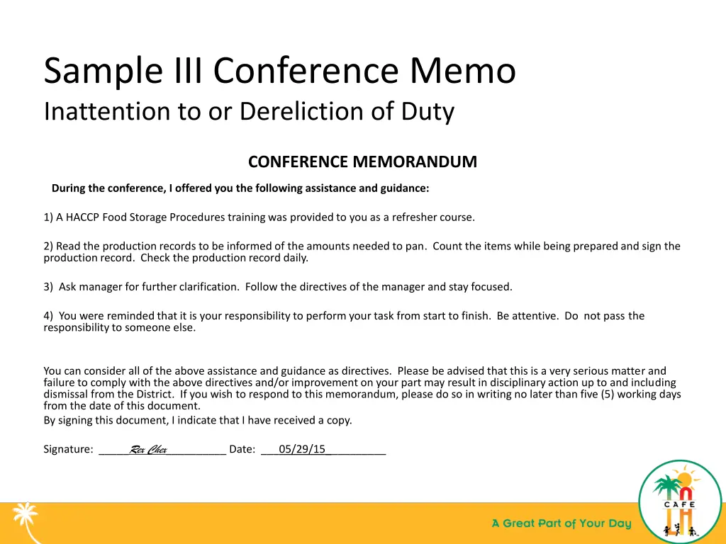 sample iii conference memo inattention 2