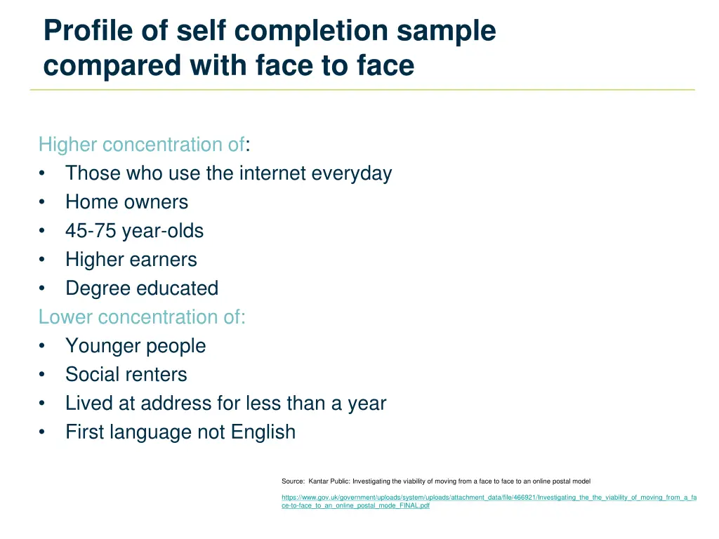 profile of self completion sample compared with