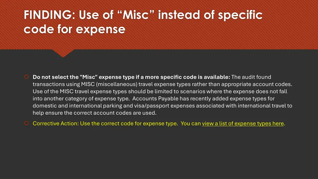 finding use of misc instead of specific code