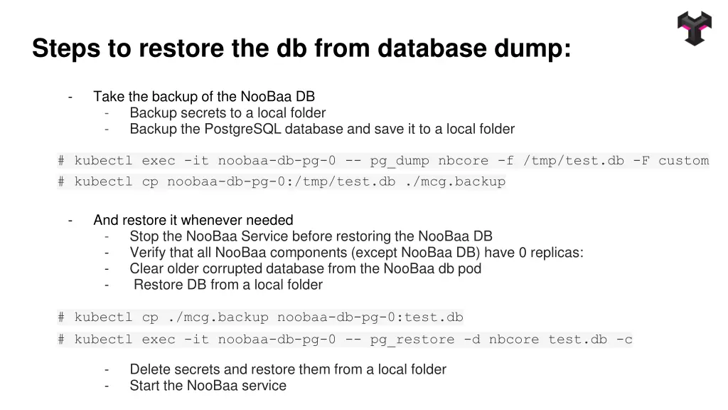 steps to restore the db from database dump
