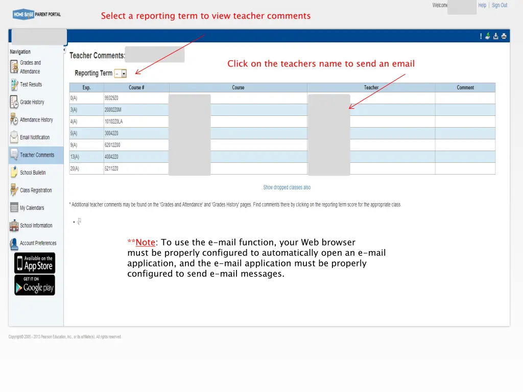 select a reporting term to view teacher comments