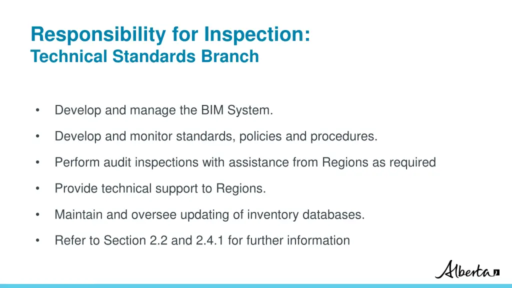 responsibility for inspection technical standards