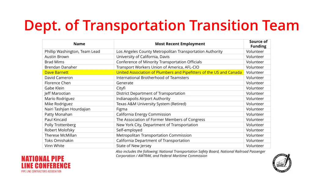 dept of transportation transition team