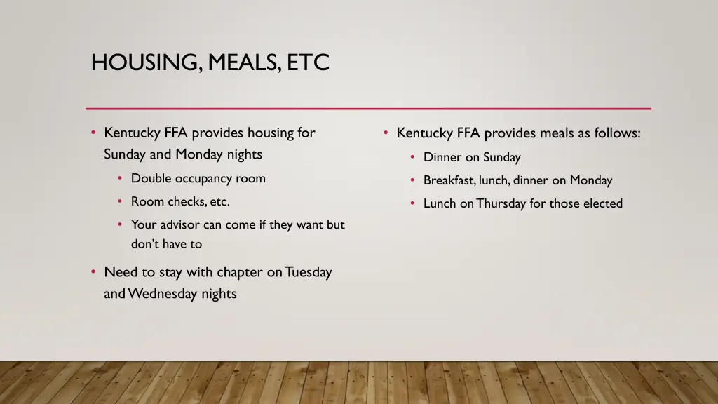 housing meals etc