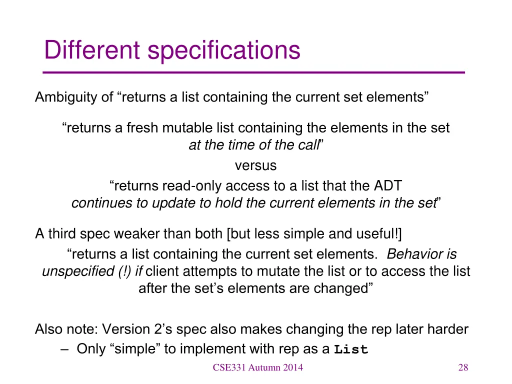 different specifications