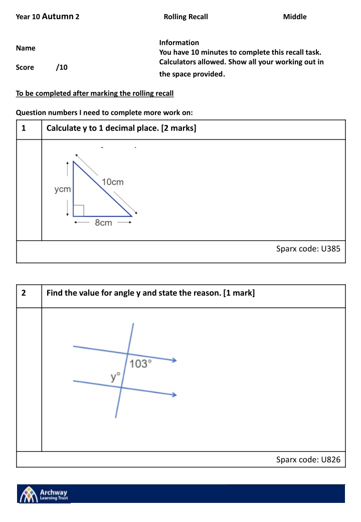 year 10 autumn 2 rolling recall middle