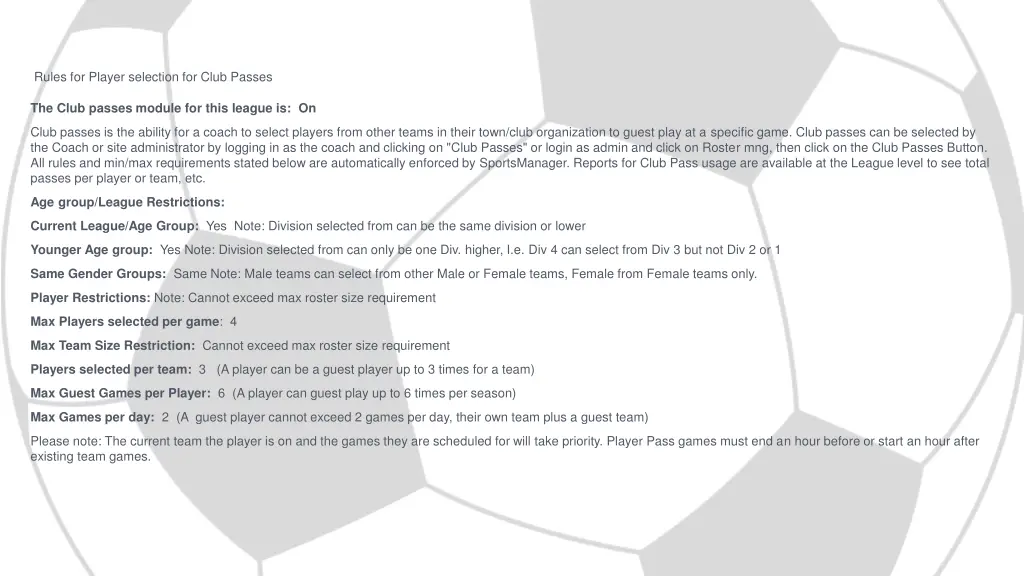 rules for player selection for club passes