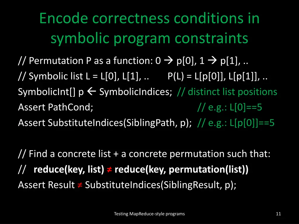 encode correctness conditions in symbolic program