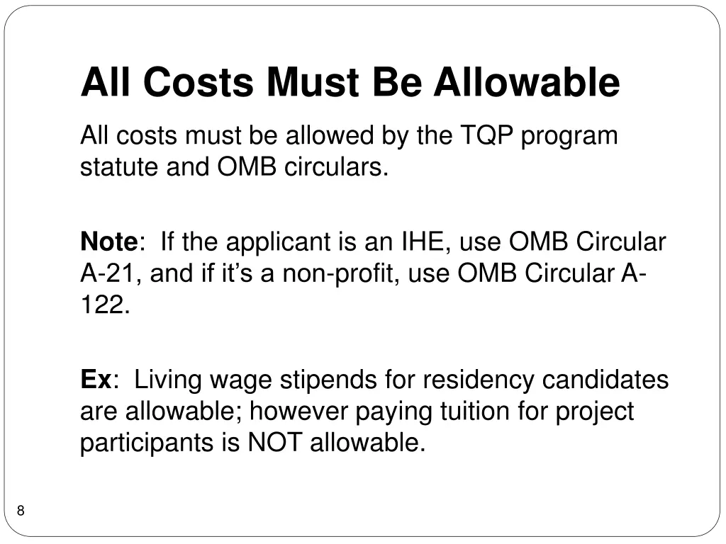 all costs must be allowable