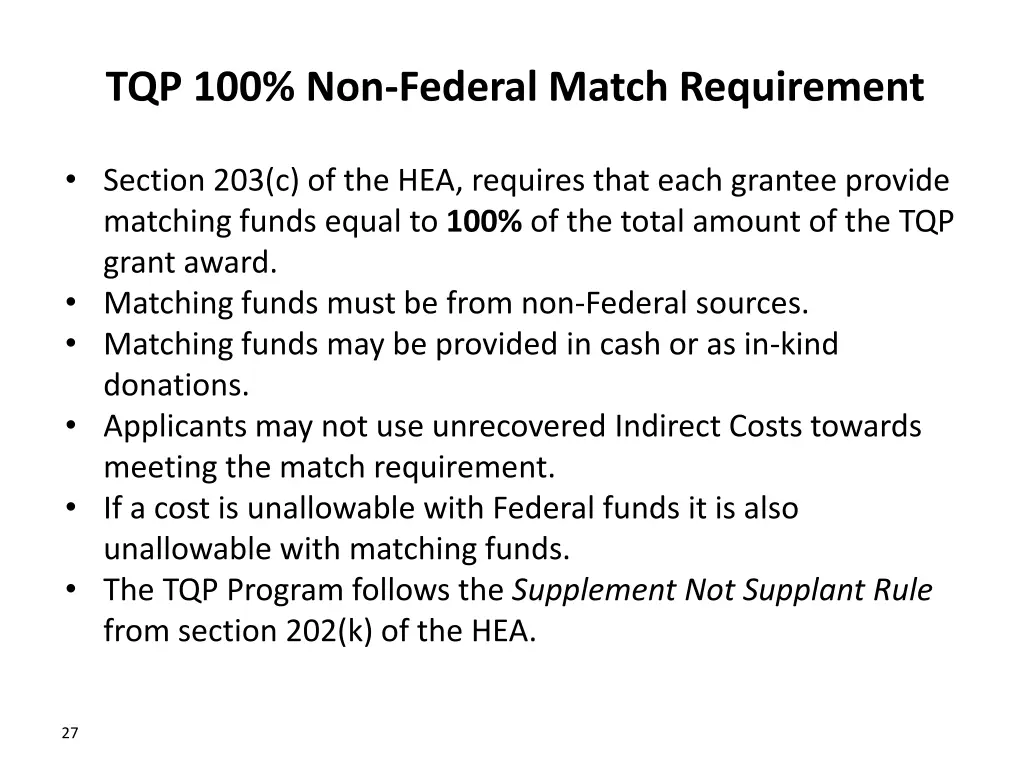 tqp 100 non federal match requirement