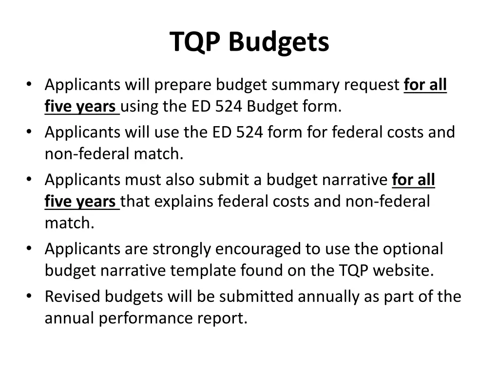 tqp budgets
