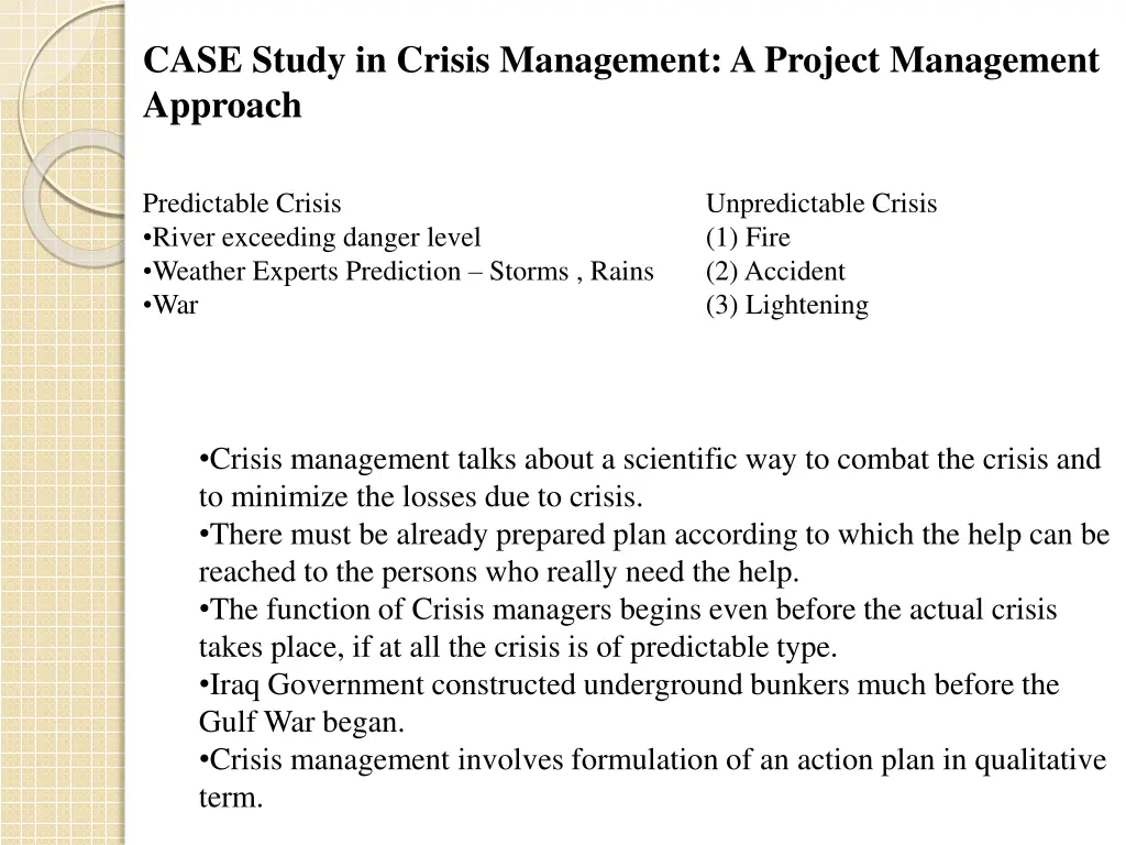 case study in crisis management a project