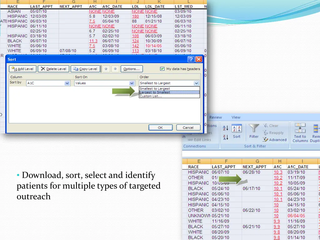 download sort select and identify patients