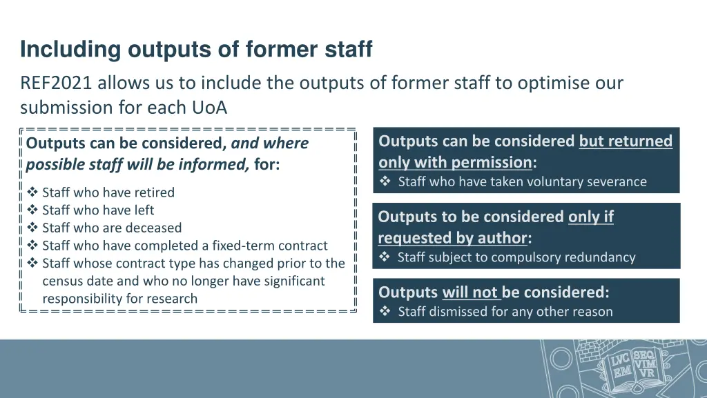 including outputs of former staff