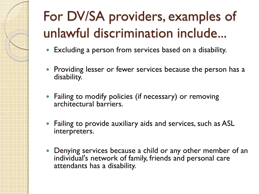 for dv sa providers examples of unlawful
