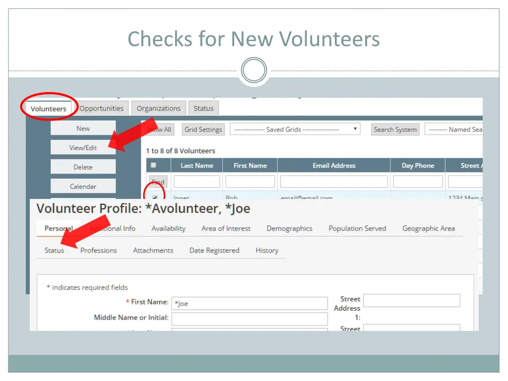 checks for new volunteers