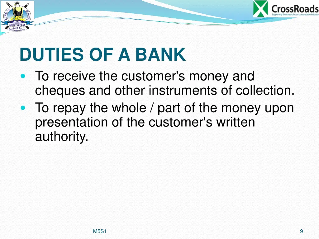 duties of a bank to receive the customer s money