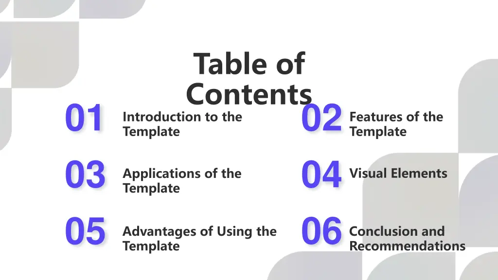 table of contents introduction to the template