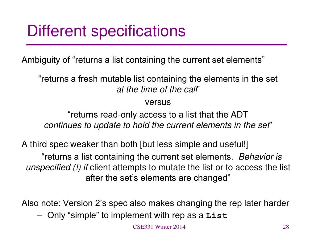 different specifications