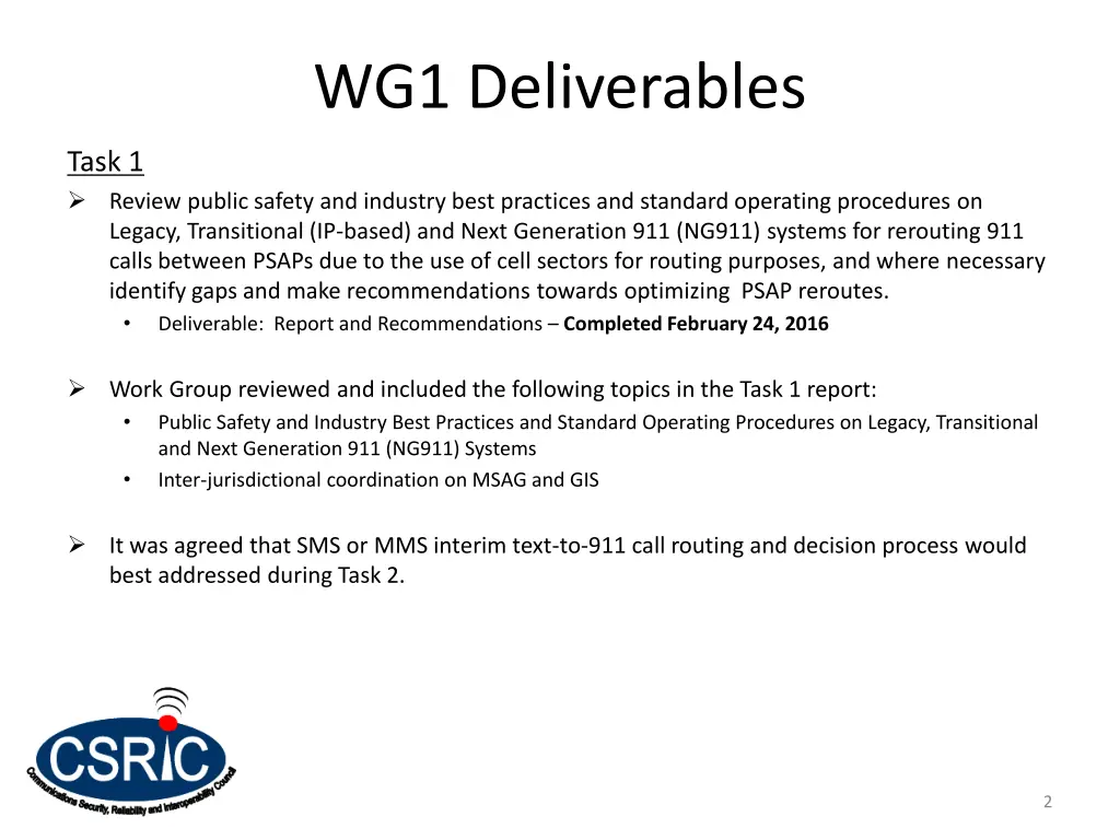 wg1 deliverables