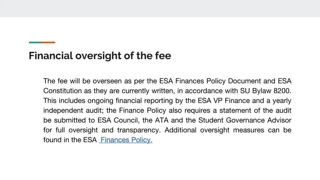financial oversight of the fee