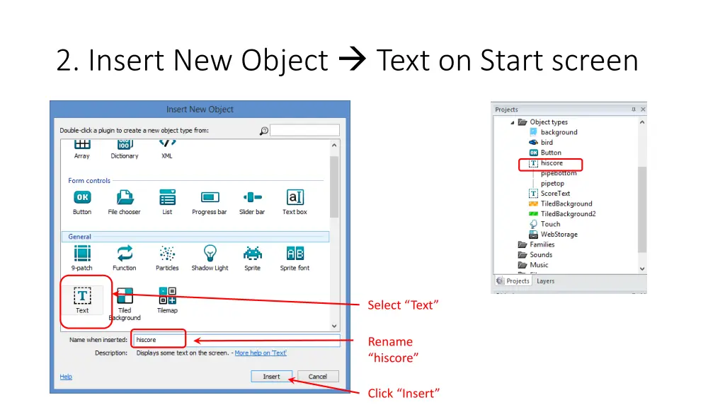 2 insert new object text on start screen