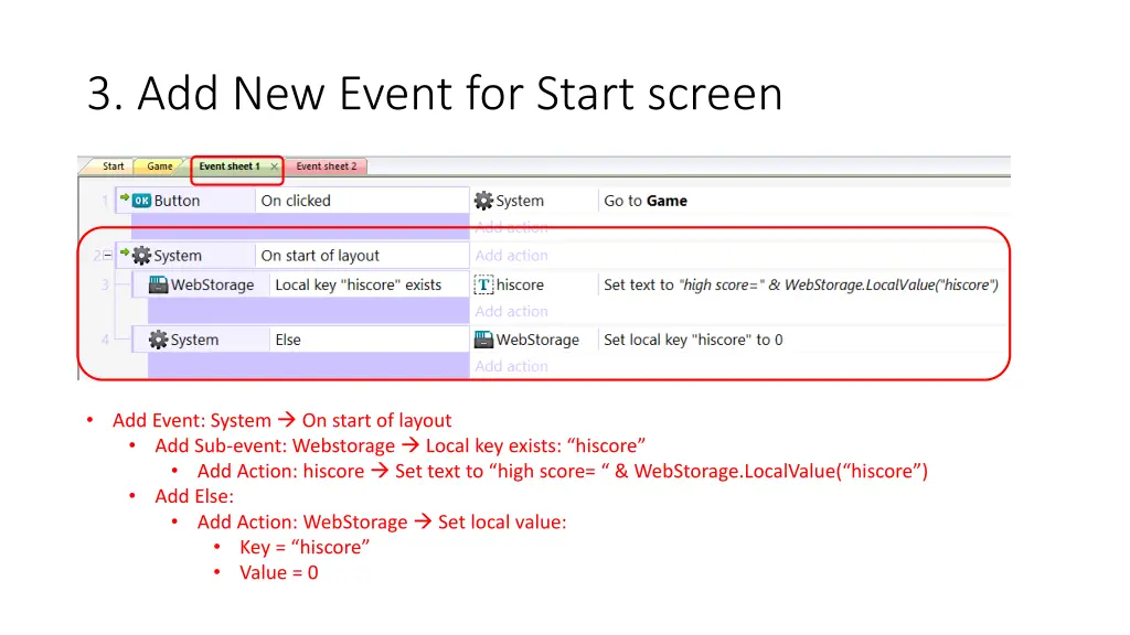 3 add new event for start screen