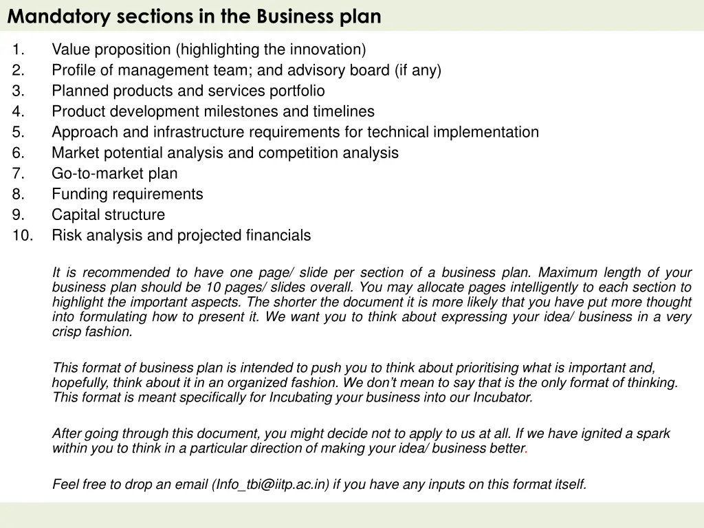 mandatory sections in the business plan