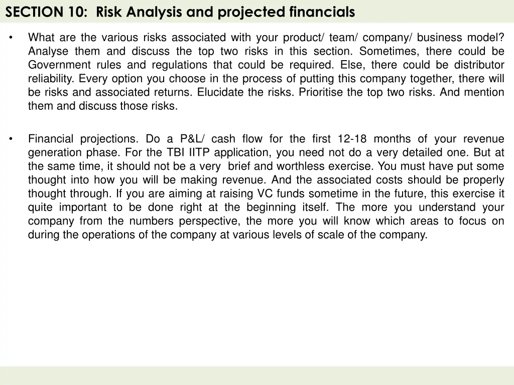 section 10 risk analysis and projected financials