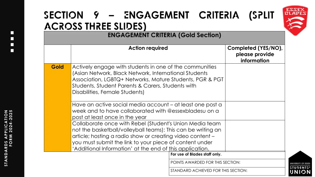 engagement criteria gold section