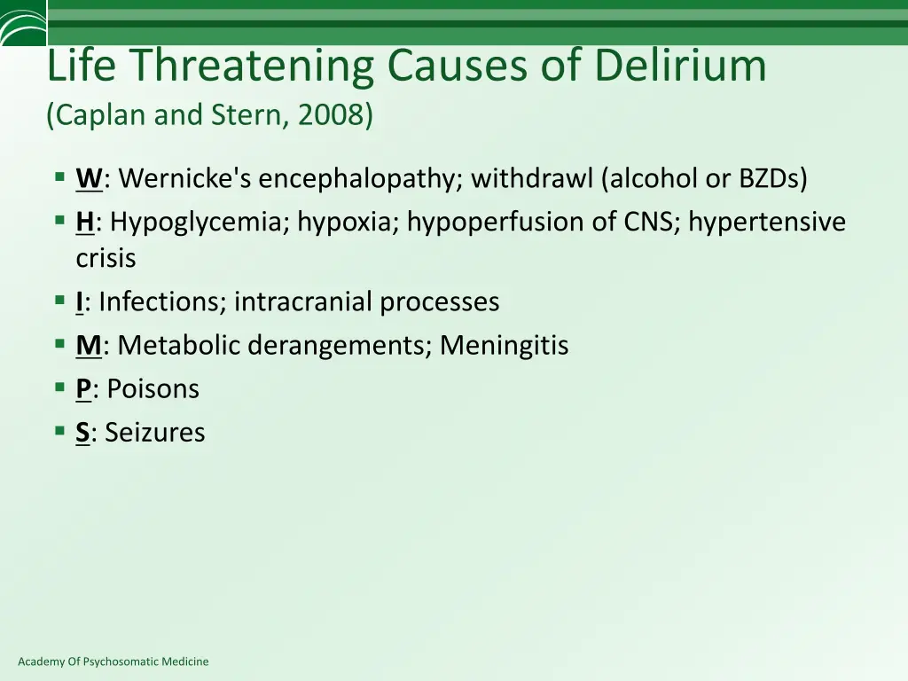 life threatening causes of delirium caplan