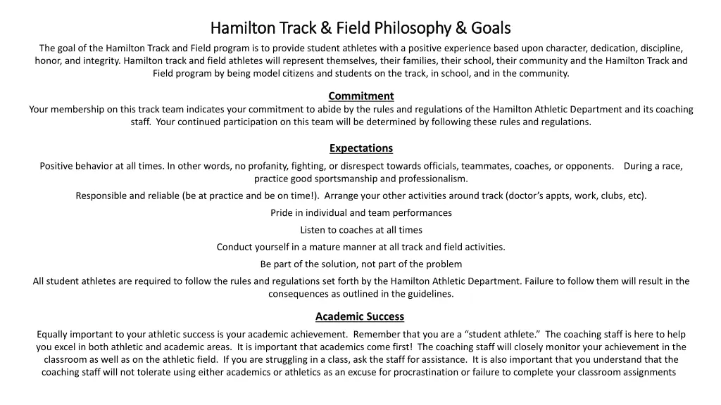hamilton track field philosophy goals hamilton