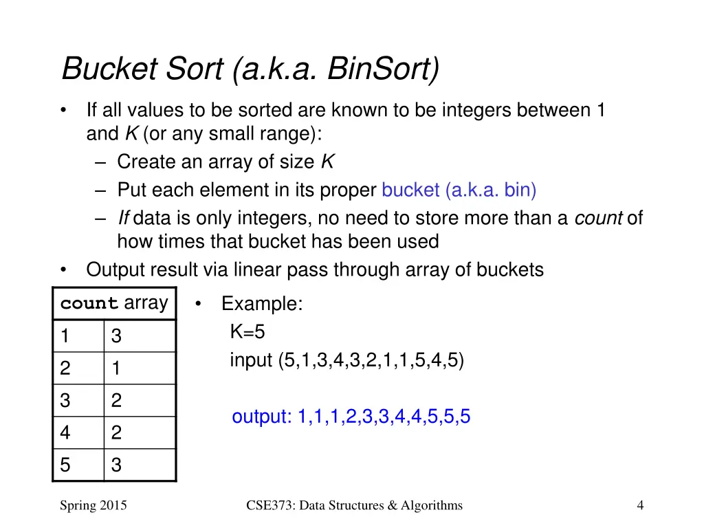 bucket sort a k a binsort
