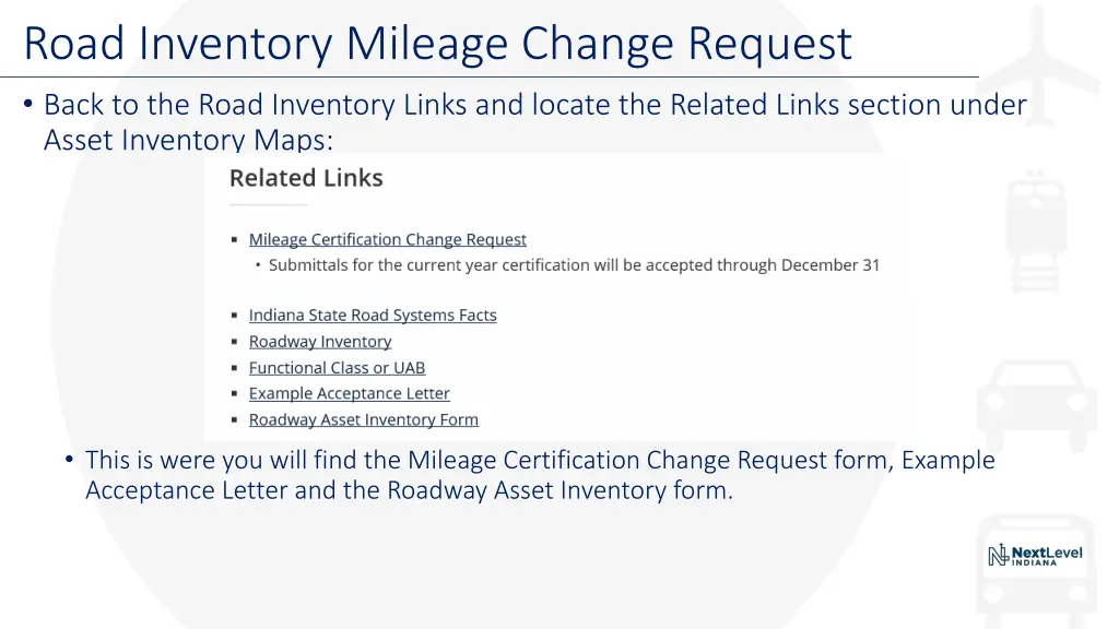 road inventory mileage change request back