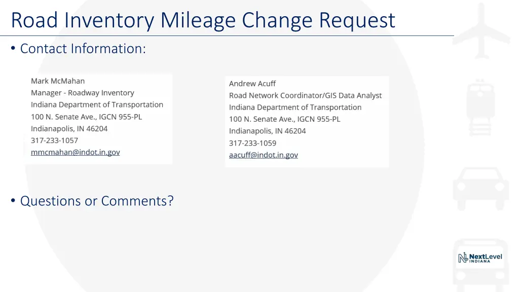 road inventory mileage change request contact