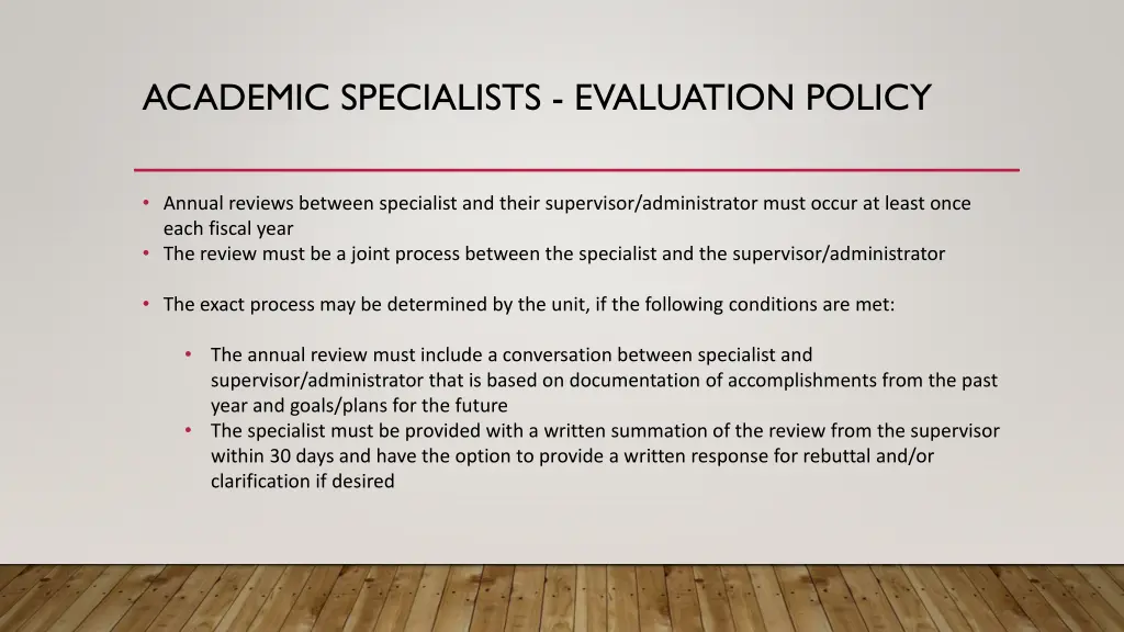 academic specialists evaluation policy