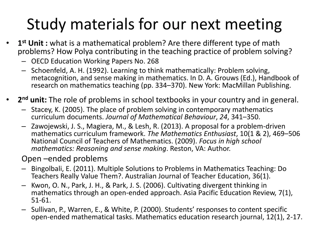 study materials for our next meeting