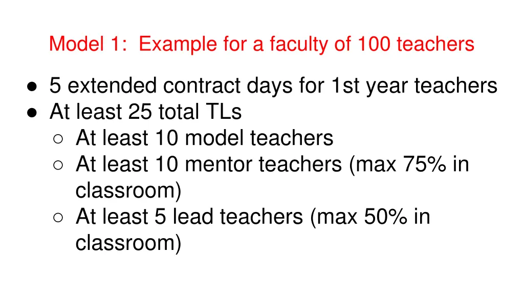 model 1 example for a faculty of 100 teachers